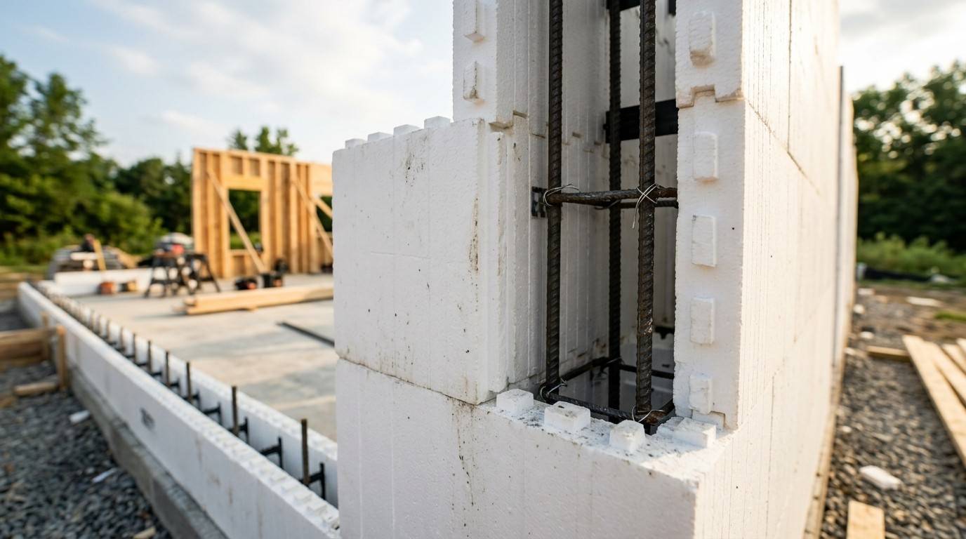 ICF wall blocks with rebar at a home construction site.
