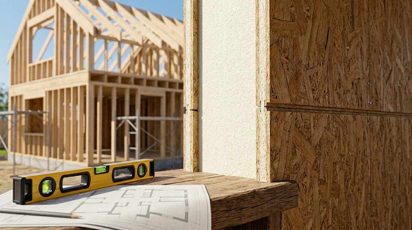 Structural insulated panel wall assembly at a home construction site.
