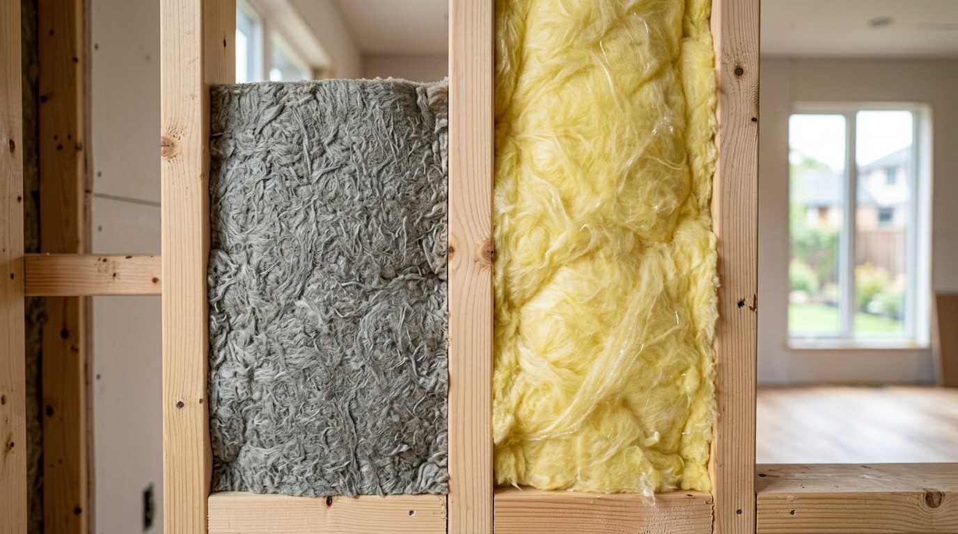 Rockwool and fiberglass insulation inside a framed residential wall.