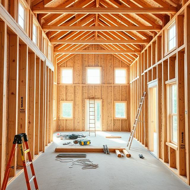 Pre-drywall inspection stage of a custom home showing exposed framing, electrical wiring, plumbing pipes, HVAC ductwork, window flashing, structural connections, and low-voltage cabling in a realistic residential construction environment.