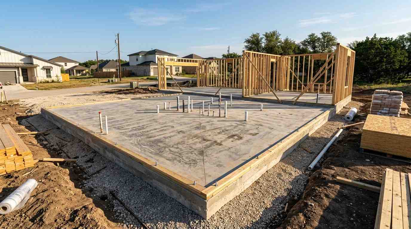 New home construction on concrete slab foundation with framed walls and visible utility rough-ins