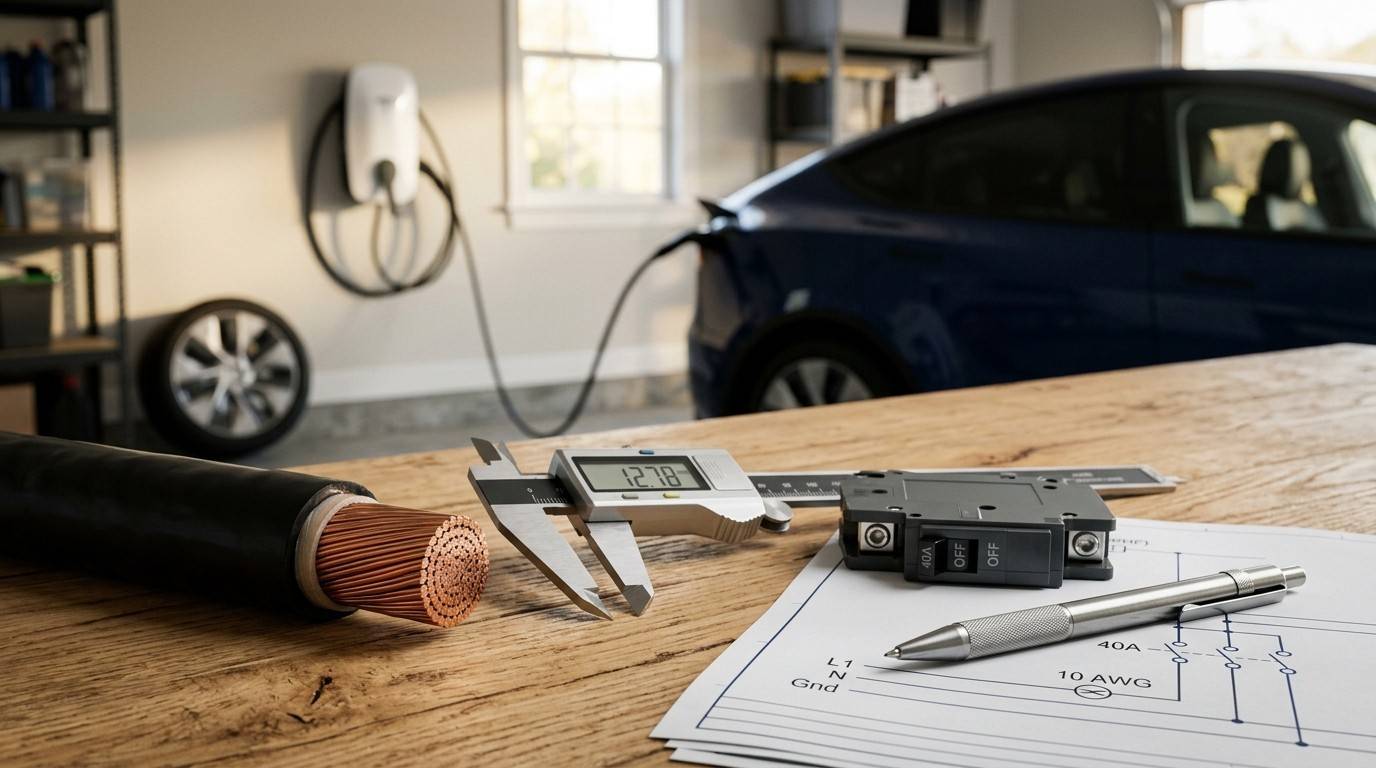 EV charger circuit planning with heavy-gauge electrical cable, breaker, measuring tools, and wiring diagram on a workbench in a residential garage.