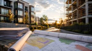 Zoning maps and construction plans displayed between completed apartments and new development site at sunset.