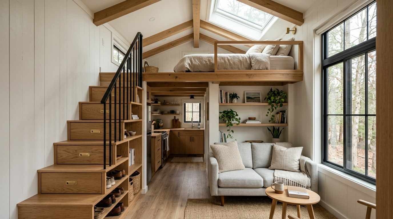 Park model home interior with sleeping loft, storage staircase, cozy living area, and compact kitchen.