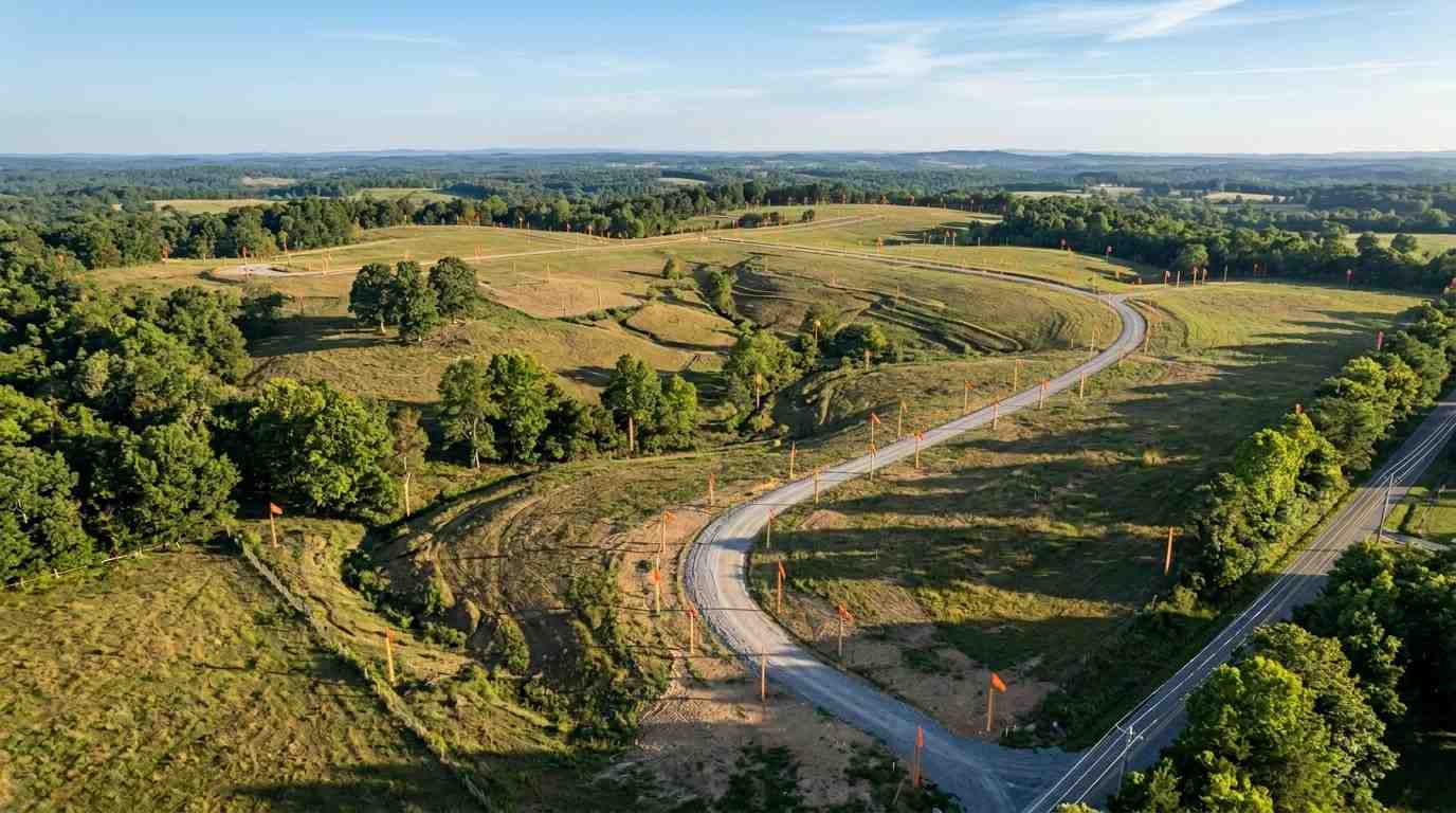 Large undeveloped land tract with road access and marked future development lots