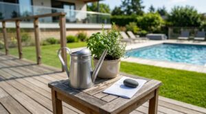 Watering can and potted herb garden on a patio table overlooking a backyard pool and landscaped outdoor living space.