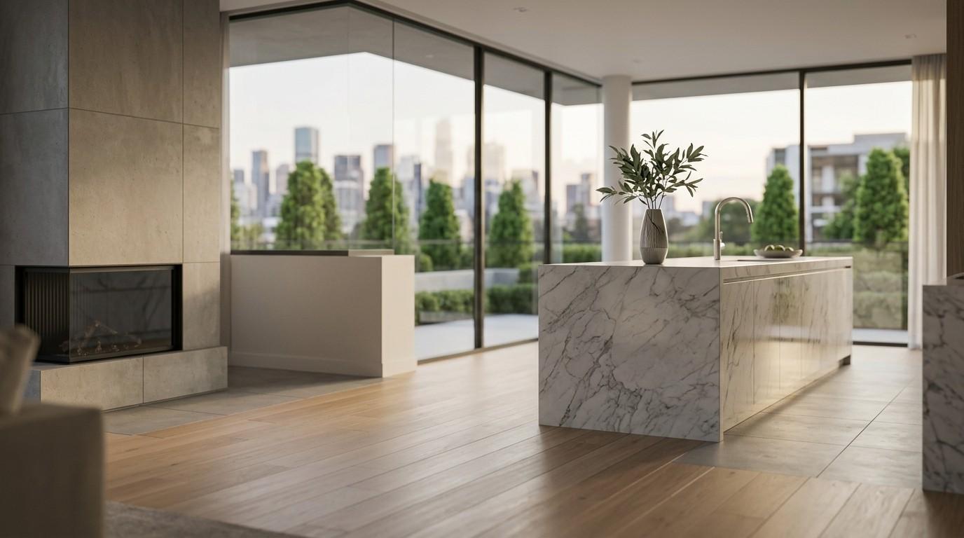 Modern luxury kitchen with a marble island, fireplace, and floor-to-ceiling windows overlooking a city skyline.
