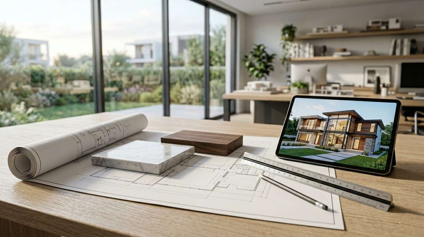 Architect workspace with floor plans, material samples, measuring tools, and a digital home design rendering.