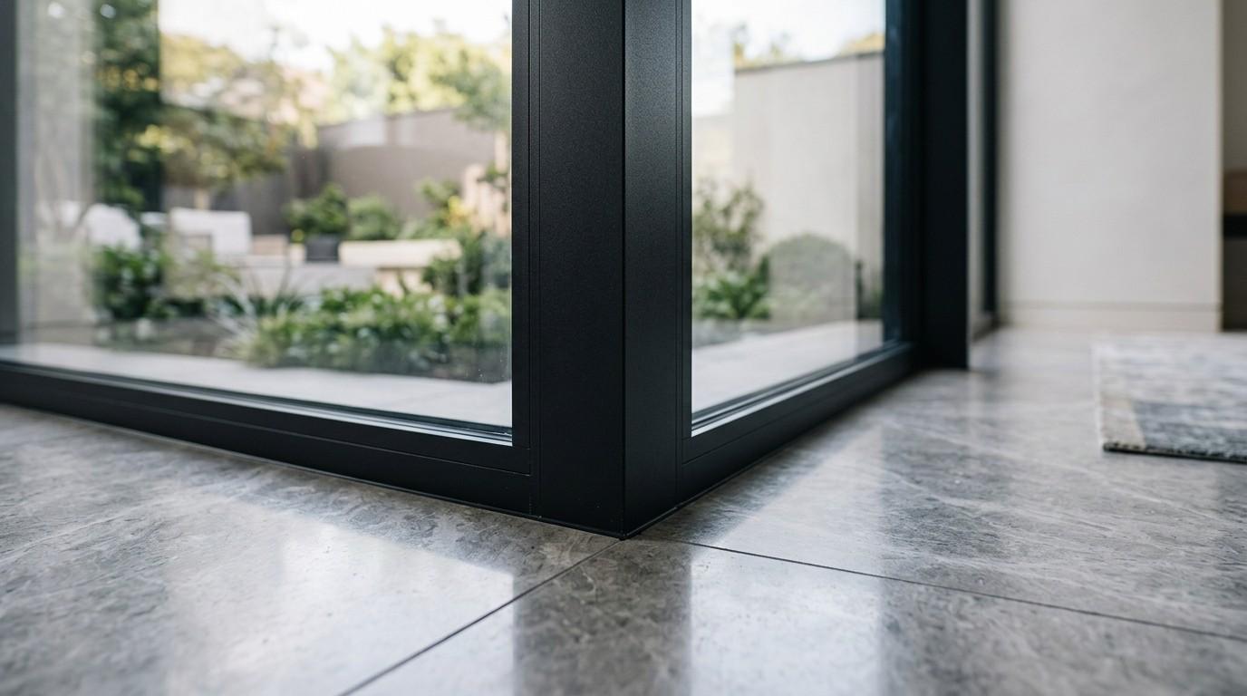 Close-up view of a modern glass door corner with sleek black frame, showcasing a stylish interior and lush outdoor garden.