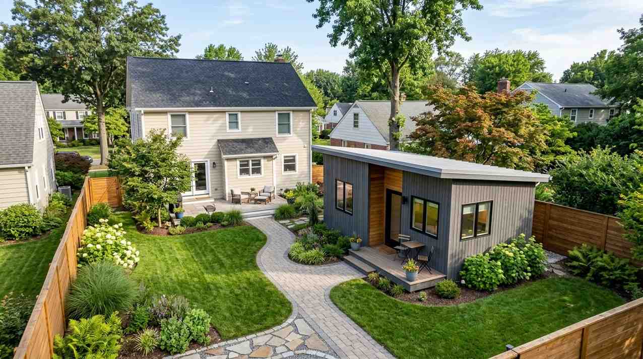 Modern backyard ADU with landscaped lawn, curved stone walkway, and main suburban home in the background.