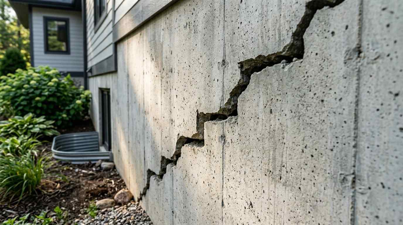 Severe crack in a residential concrete foundation wall.