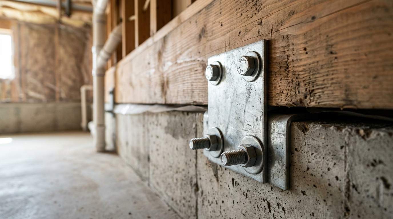 Seismic anchor bolts connecting wood framing to a concrete foundation.
