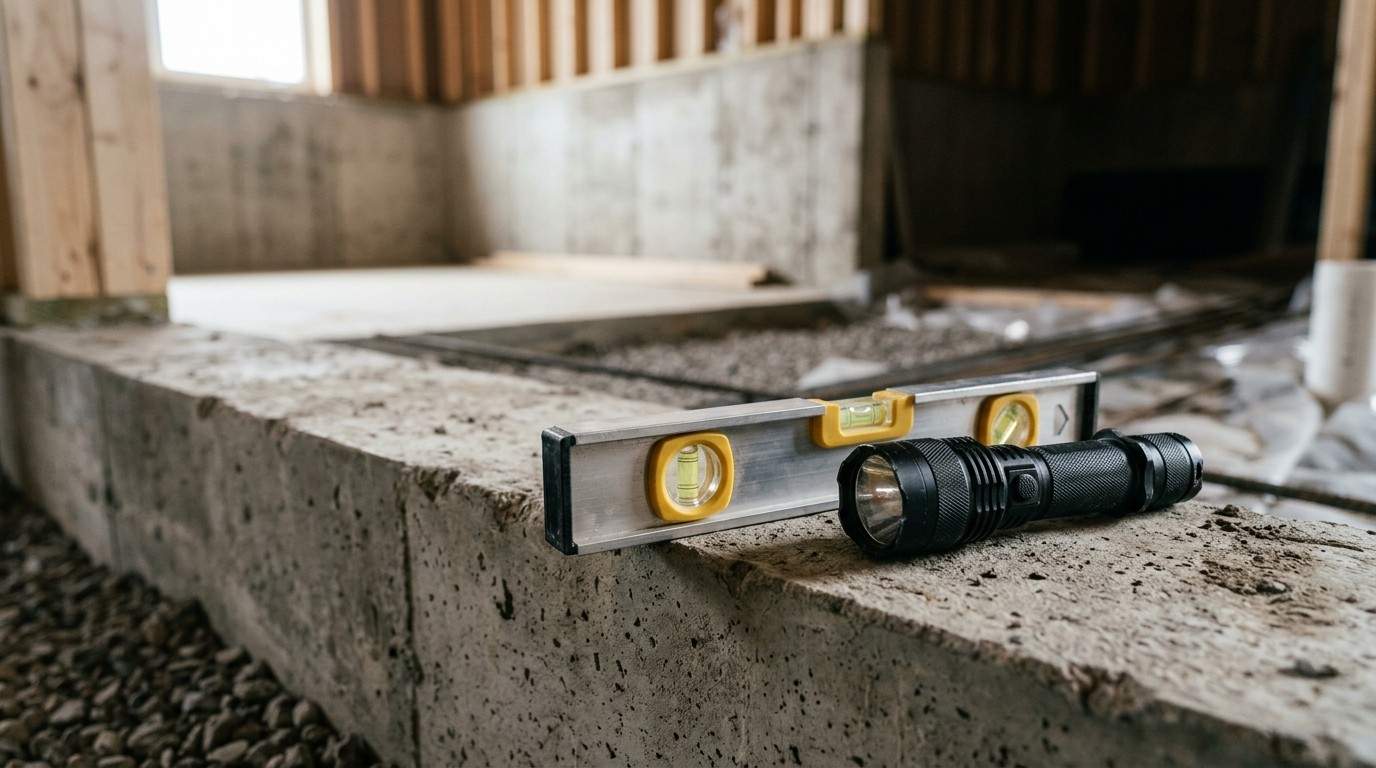 Level and flashlight on a concrete foundation during inspection.