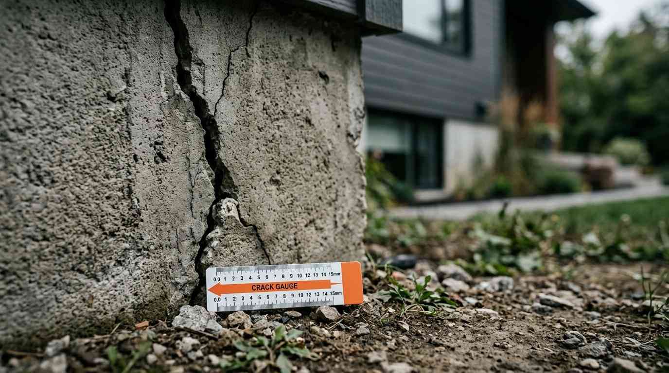Crack gauge measuring a large foundation wall crack.