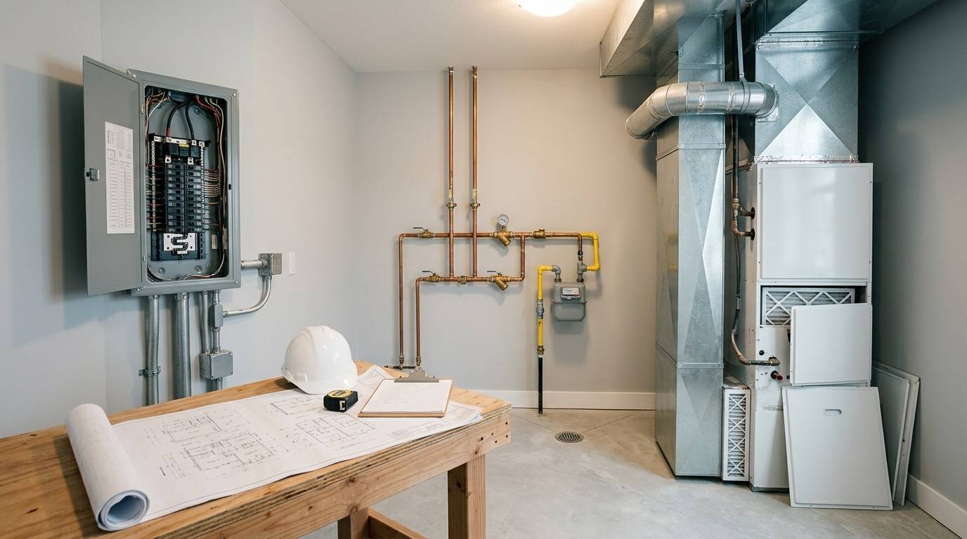 Residential utility room with HVAC system, electrical panel, and plumbing inspection documents