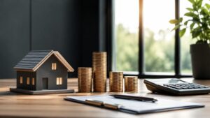 Model house, stacked coins, calculator, and paperwork on a desk, representing home financing, budgeting, and property investment planning.