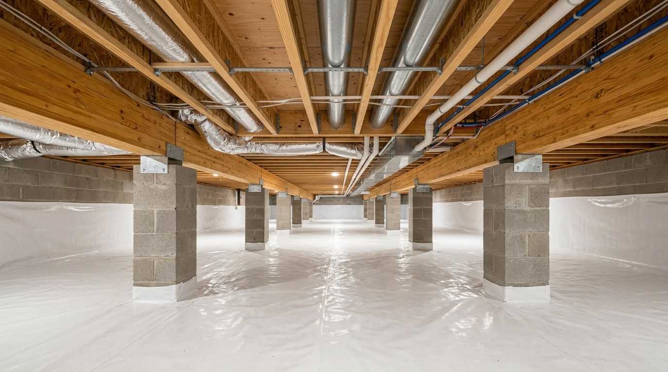 Clean residential crawlspace with vapor barrier, foundation piers, and exposed HVAC, plumbing, and structural systems