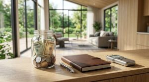 Savings jar, notebook, and utility meter on a table inside a park model home, representing maintenance costs and budgeting.