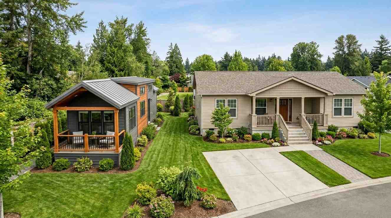 Park model home beside a larger manufactured home in a landscaped residential community.