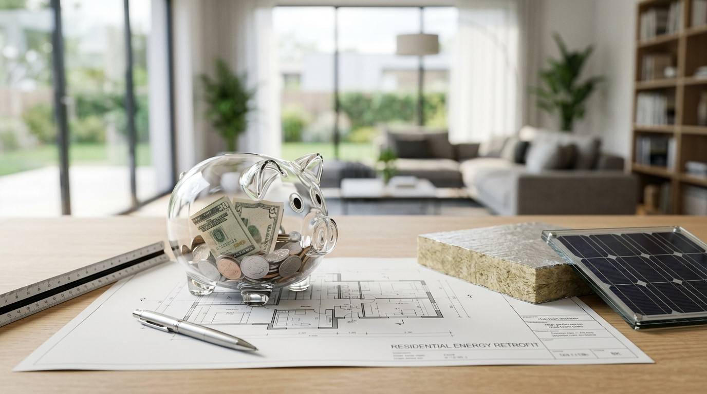 Piggy bank, insulation, and solar panel on home energy retrofit plans.