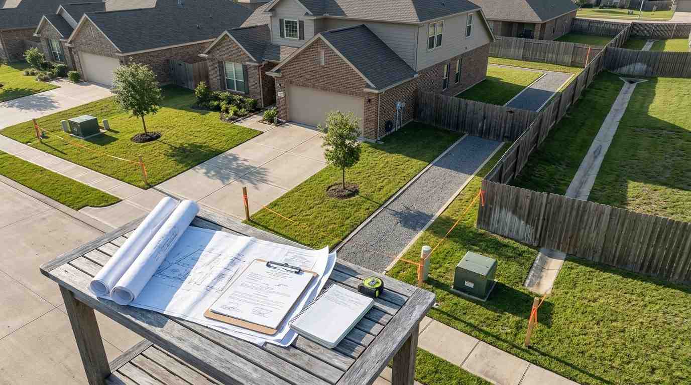 Property survey documents and boundary markers in a residential neighborhood