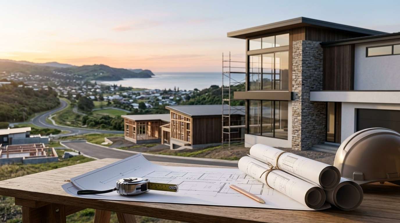 Architectural plans, rolled blueprints, a tape measure, and a hard hat rest on a wooden table overlooking a coastal hillside development at sunset. In the background, several modern homes are under construction, with large glass façades and ocean views stretching toward a bay and distant headlands.