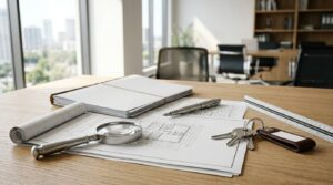 Property inspection documents with keys and magnifying glass.