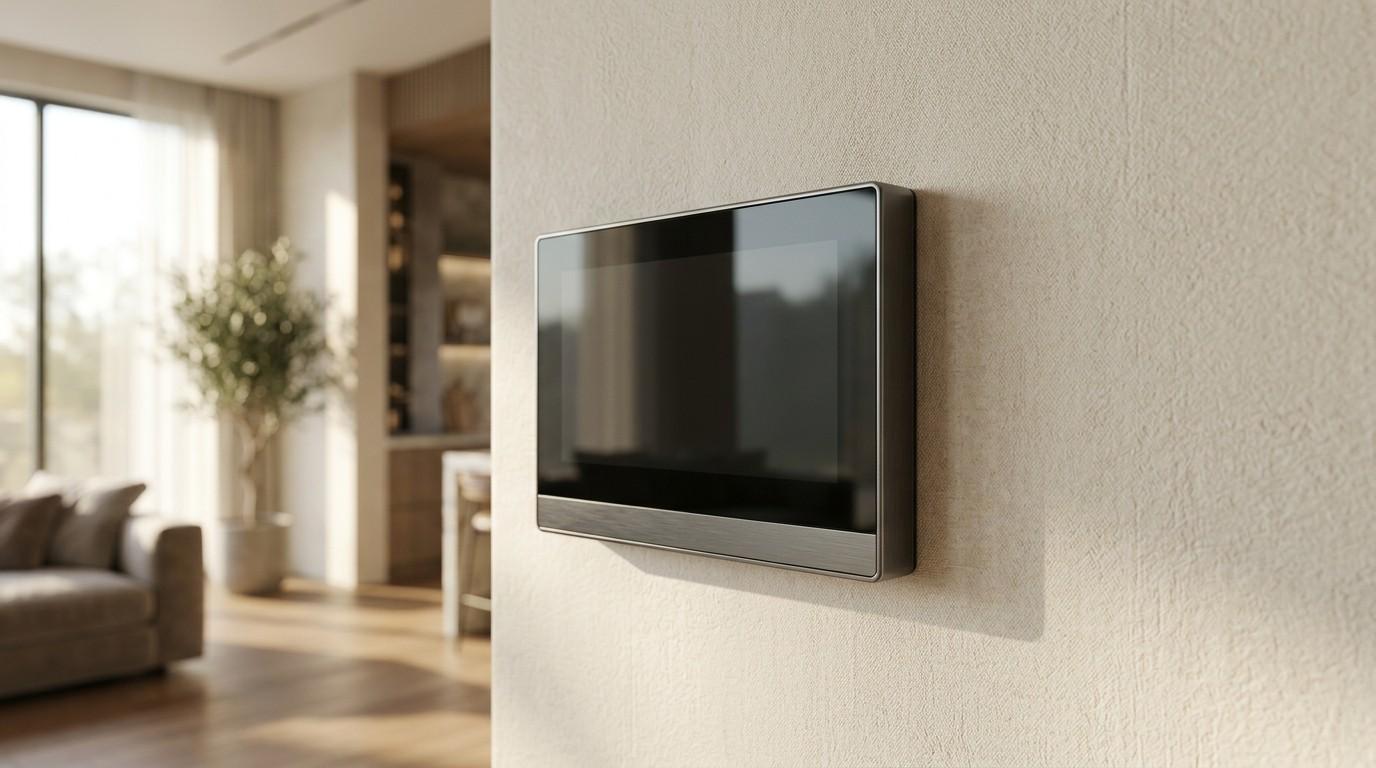 Modern living room featuring a sleek wall-mounted television with natural light streaming in through large windows.