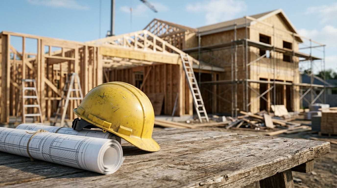 Hard hat and blueprints at a residential construction site.