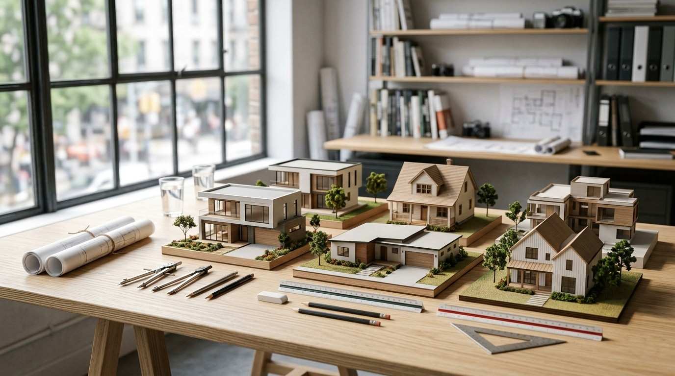 Architectural house models on a design studio workspace.