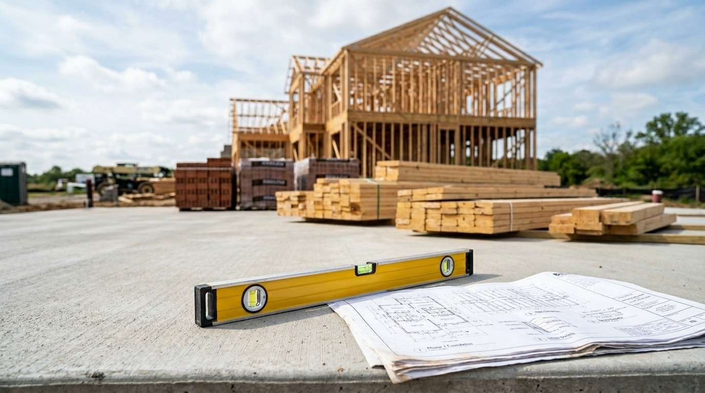 Level and blueprints at a residential construction site.