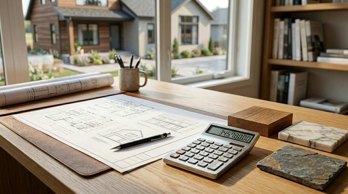 Calculator and house plans with building material samples.