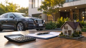 House model, calculator, and paperwork on table with SUV parked outside a modern home.