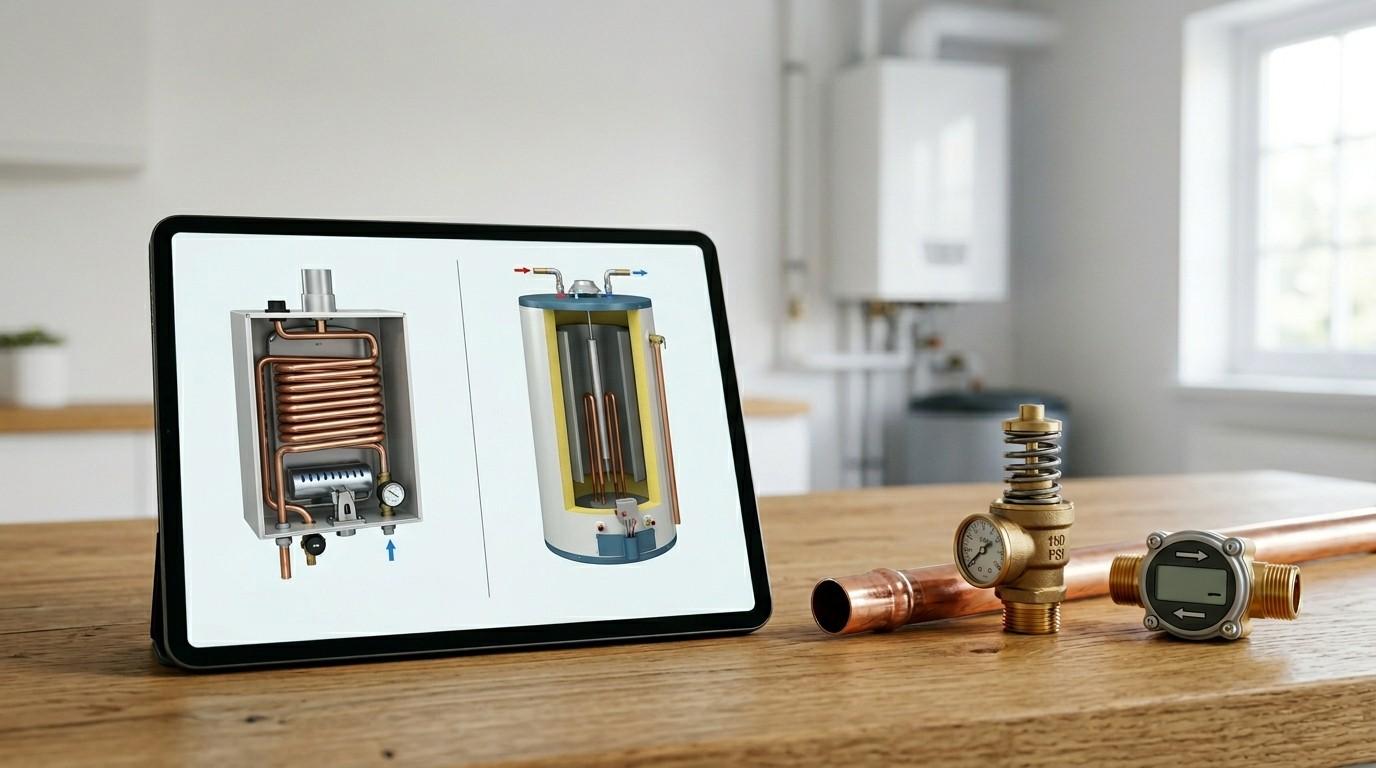 Comparison of tankless and traditional tank water heater systems displayed on a tablet, with plumbing components and copper piping on a workbench.