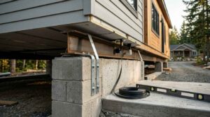 Park model home secured to a permanent foundation with concrete blocks, steel anchors, and leveling tools during installation.