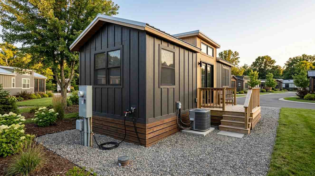 Park model home on a landscaped lot with utility hookups, porch, and gravel foundation area.