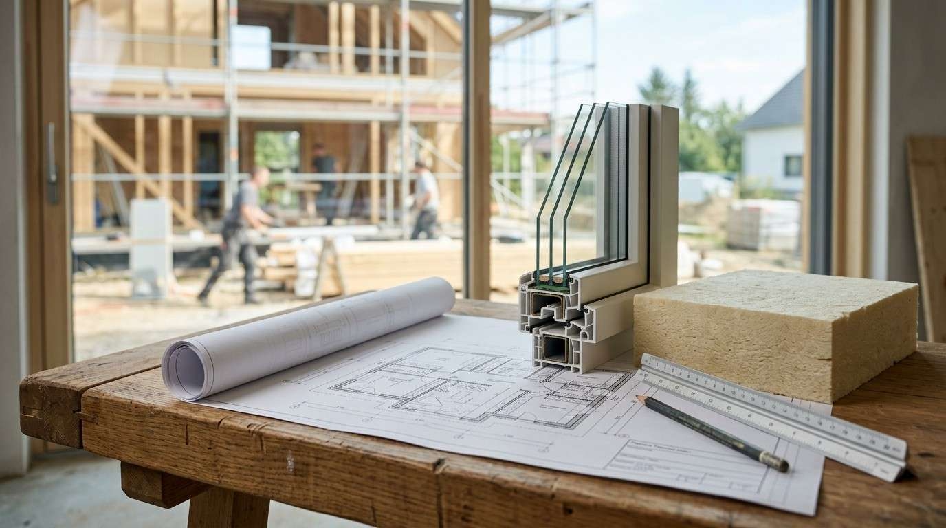 High-performance window and insulation materials displayed on residential building plans.
