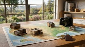 Map displaying park model home options across different regions, with keys and planning materials on a desk.