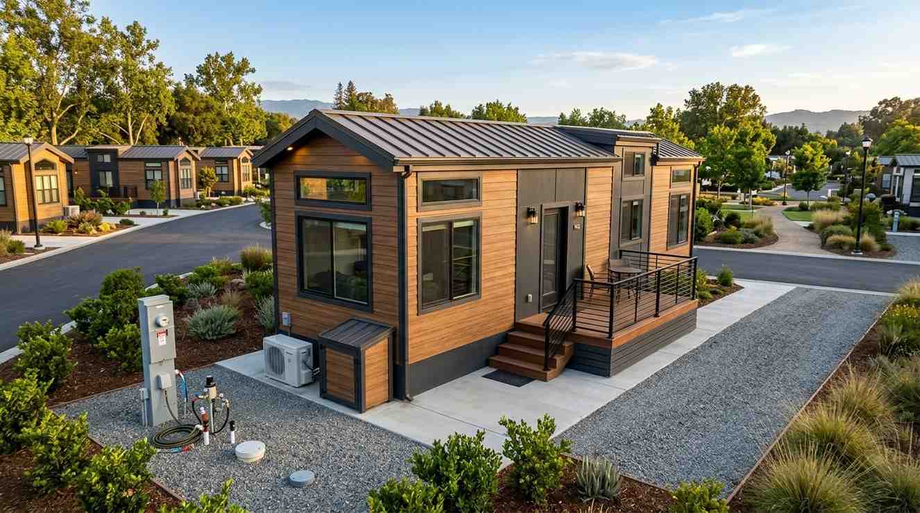 Park model home in an RV resort with utility hookups, private lot, and landscaped surroundings.