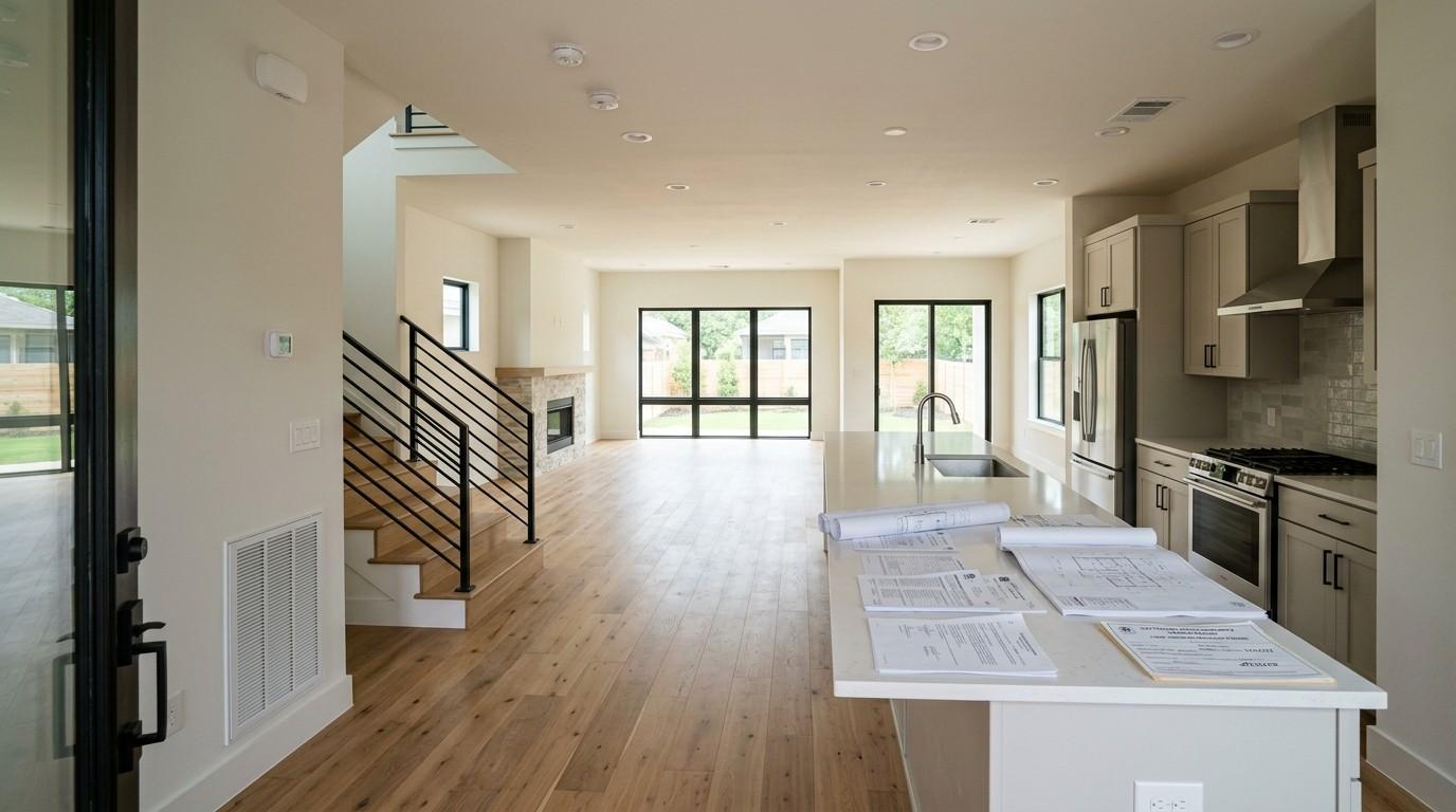 Newly completed modern home interior with kitchen island, blueprints, and permit documents.