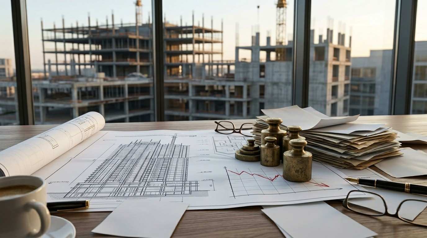 Construction blueprints, paperwork, and cost-analysis tools on a desk overlooking a building site under development.