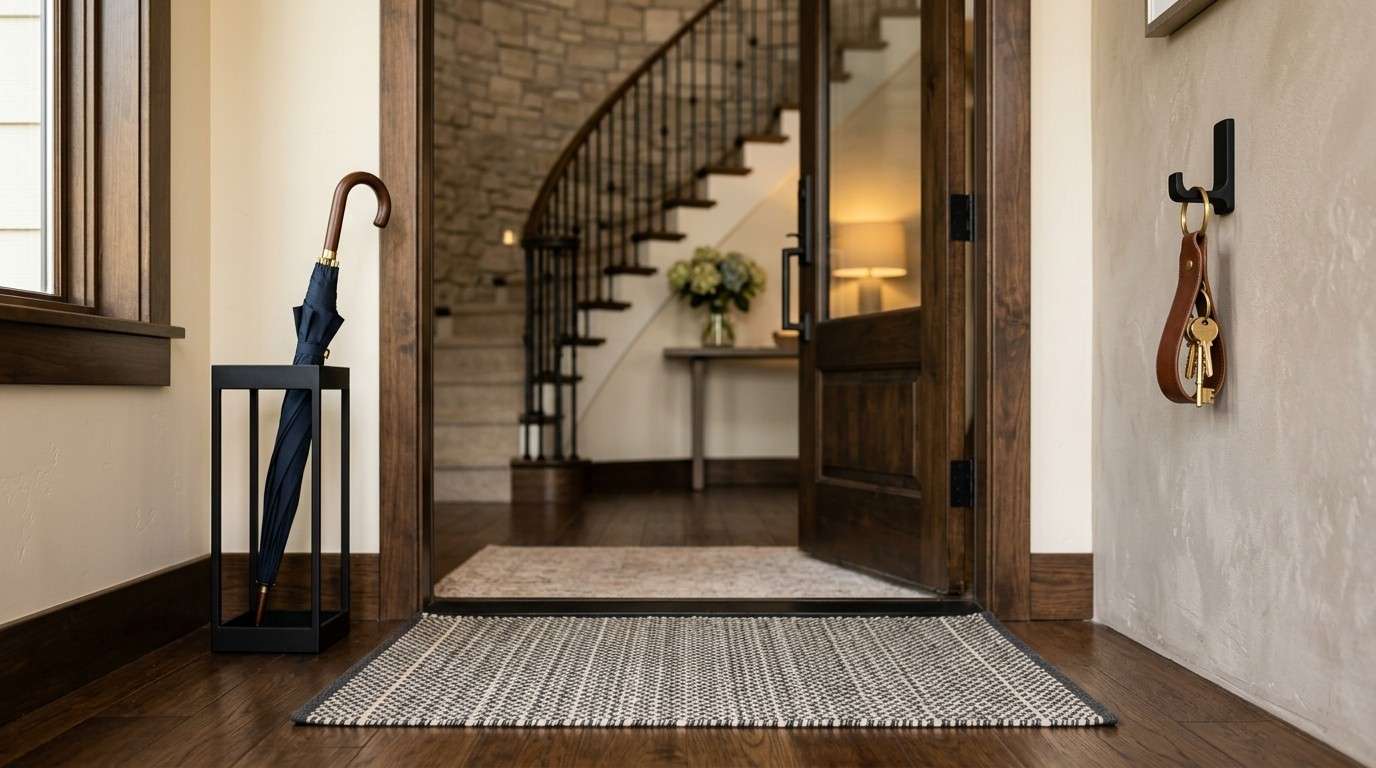 Stylish entryway with a wooden floor, open door, and stone staircase. Features a black umbrella in a stand, textured rug, and keys on the wall. Cozy and inviting.