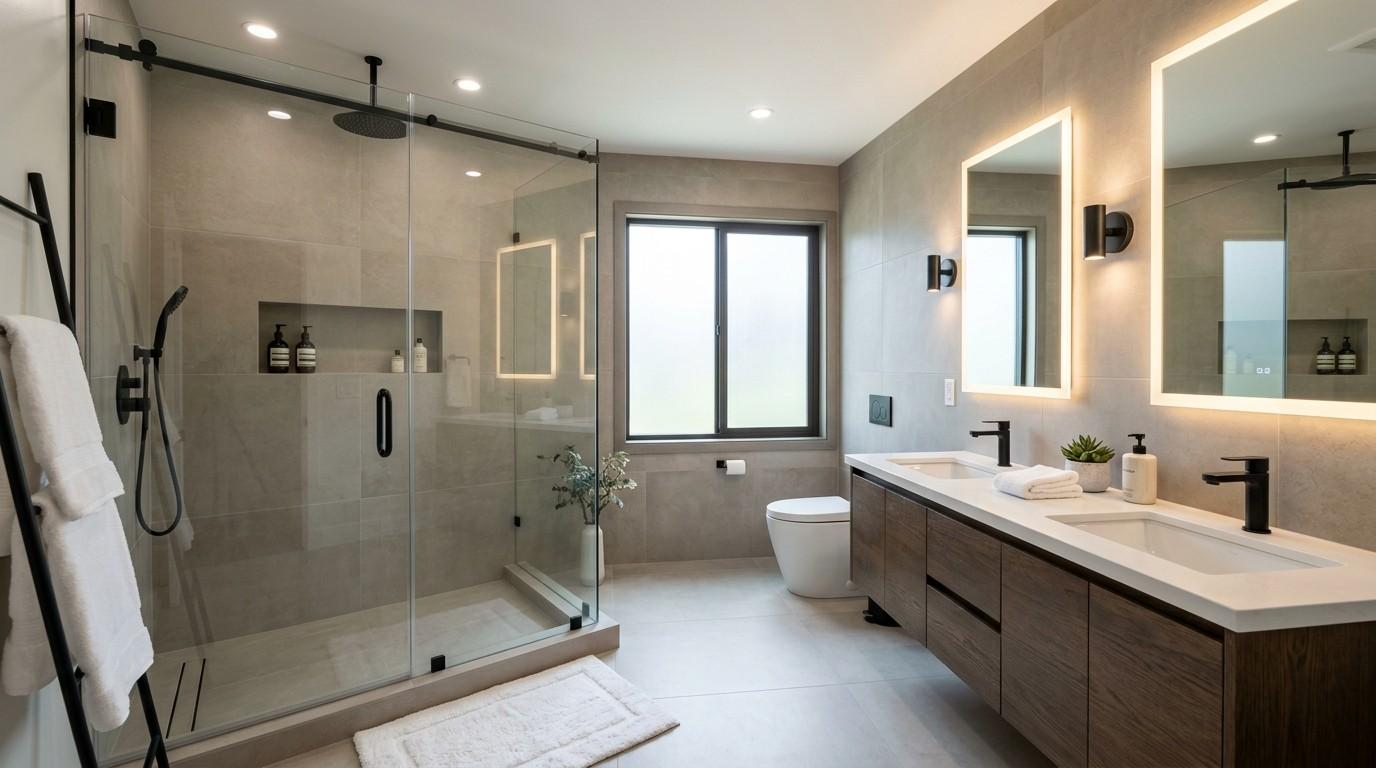 Modern luxury bathroom with a glass walk-in shower, double vanity, illuminated mirrors, and contemporary finishes.