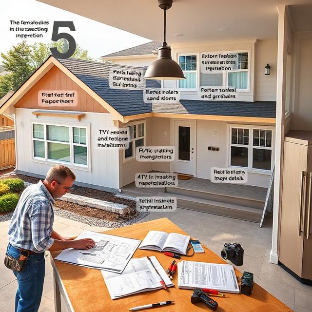 Completed suburban home undergoing a professional reinspection process with construction documents, permit paperwork, building plans, and detailed reviews of roofing, electrical, plumbing, HVAC, insulation, and safety features before occupancy approval.