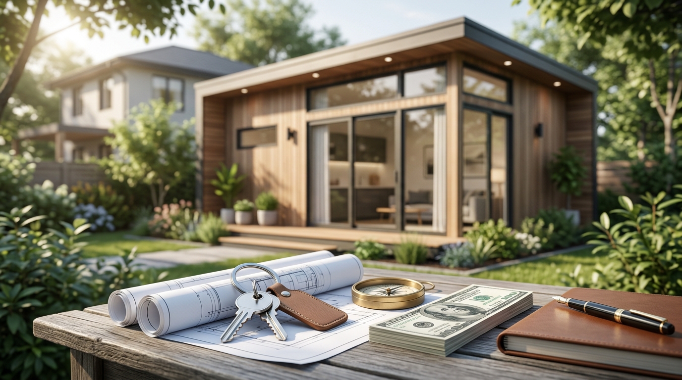 Backyard ADU investment concept with house plans, keys, cash, and a notebook displayed in front of a modern garden cottage.