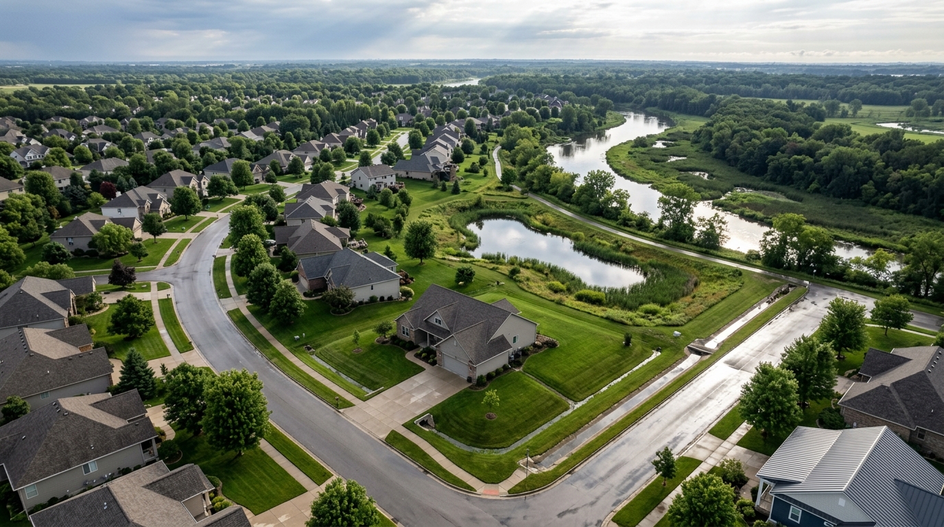 Aerial view of residential neighborhood with stormwater pond and natural waterway