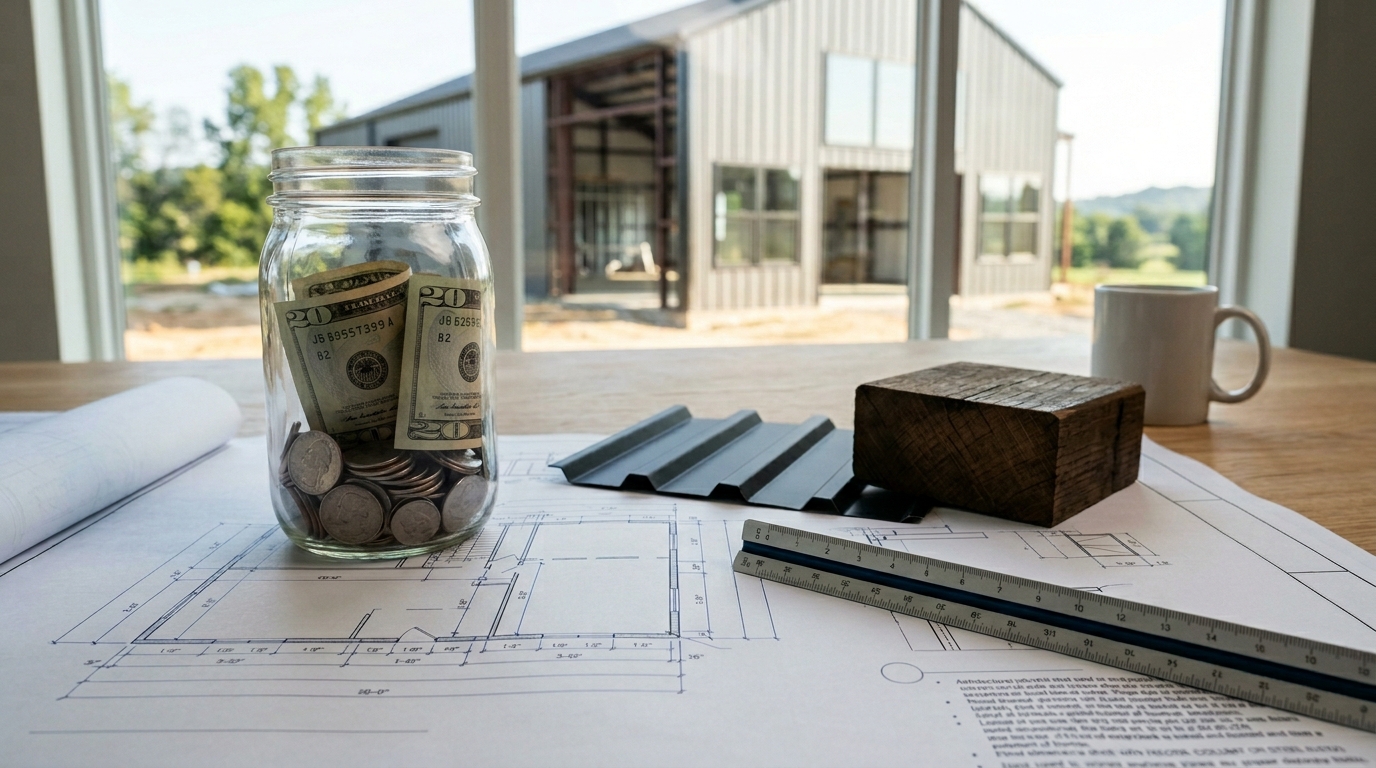 Savings jar, building plans, and construction materials for barndominium budgeting.