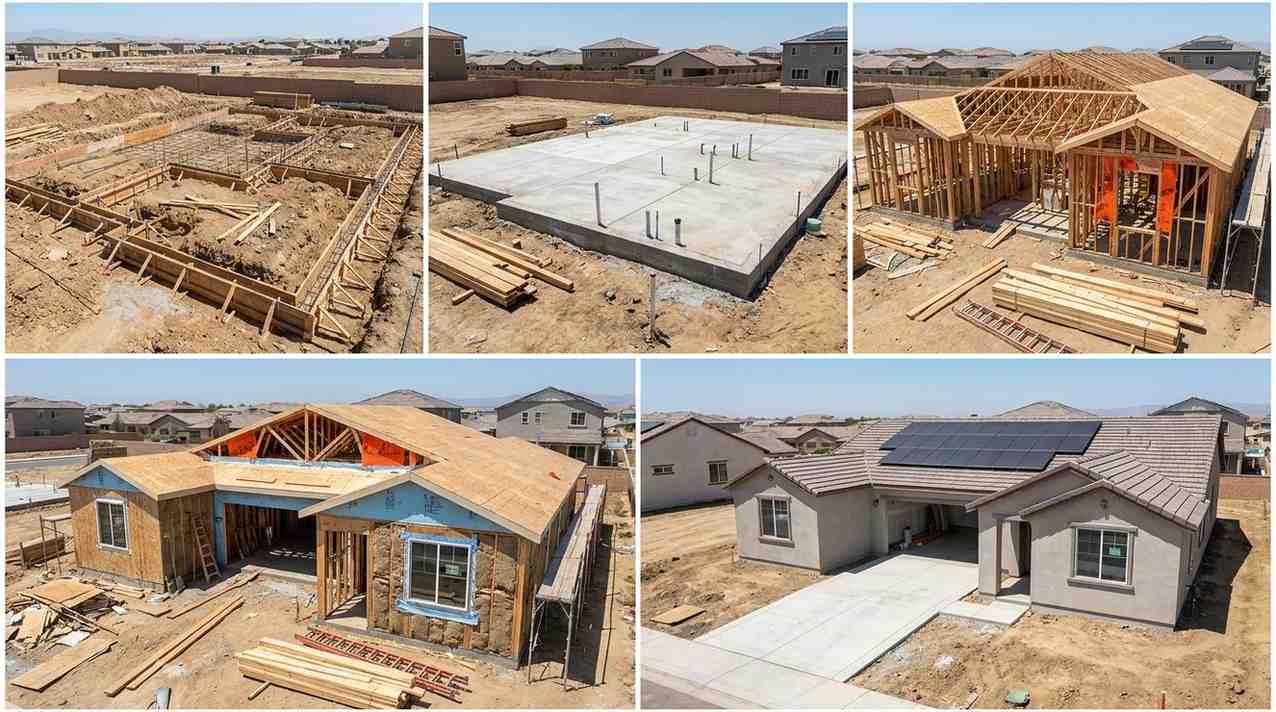 Photorealistic California new home construction inspection process showing a residential project progressing through multiple mandatory inspection stages before occupancy approval. A modern suburban California home is displayed at various phases of construction, with realistic building practices, materials, and code-compliance details visible throughout. Visible California inspection milestones include: Excavation and foundation footing inspection Reinforced concrete foundation and slab inspection Structural framing inspection Roof sheathing and structural connection inspection Electrical rough-in inspection Plumbing rough-in inspection Mechanical and HVAC rough-in inspection Fire-blocking and draft-stopping verification Insulation and energy-code compliance inspection Window flashing and weather barrier inspection Solar-ready and energy-efficiency components Attic ventilation and roof ventilation systems Exterior stucco and weatherproofing details Final building inspection before occupancy Safety systems including smoke and carbon monoxide detectors Construction details include: Exposed wall framing Electrical wiring Plumbing pipes HVAC ductwork Insulation installations Concrete foundation work Roof trusses House wrap and flashing systems Driveways and exterior grading The home appears at multiple realistic stages of construction within a suburban California development. Authentic job-site conditions include lumber stacks, insulation bundles, ladders, scaffolding, construction debris, utility connections, and unfinished surfaces. Bright California daylight, realistic materials, true-to-life colors, natural shadows, documentary-style construction photography, DSLR camera quality, professional architectural photography, sharp focus, authentic residential construction environment. Negative Prompt: CGI, rendering, illustration, cartoon, concept art, AI-generated look, futuristic architecture, luxury mansion, dramatic cinematic lighting, oversaturated colors, people, inspectors, workers, text, labels, arrows, diagrams, permit signs, logos, watermarks.