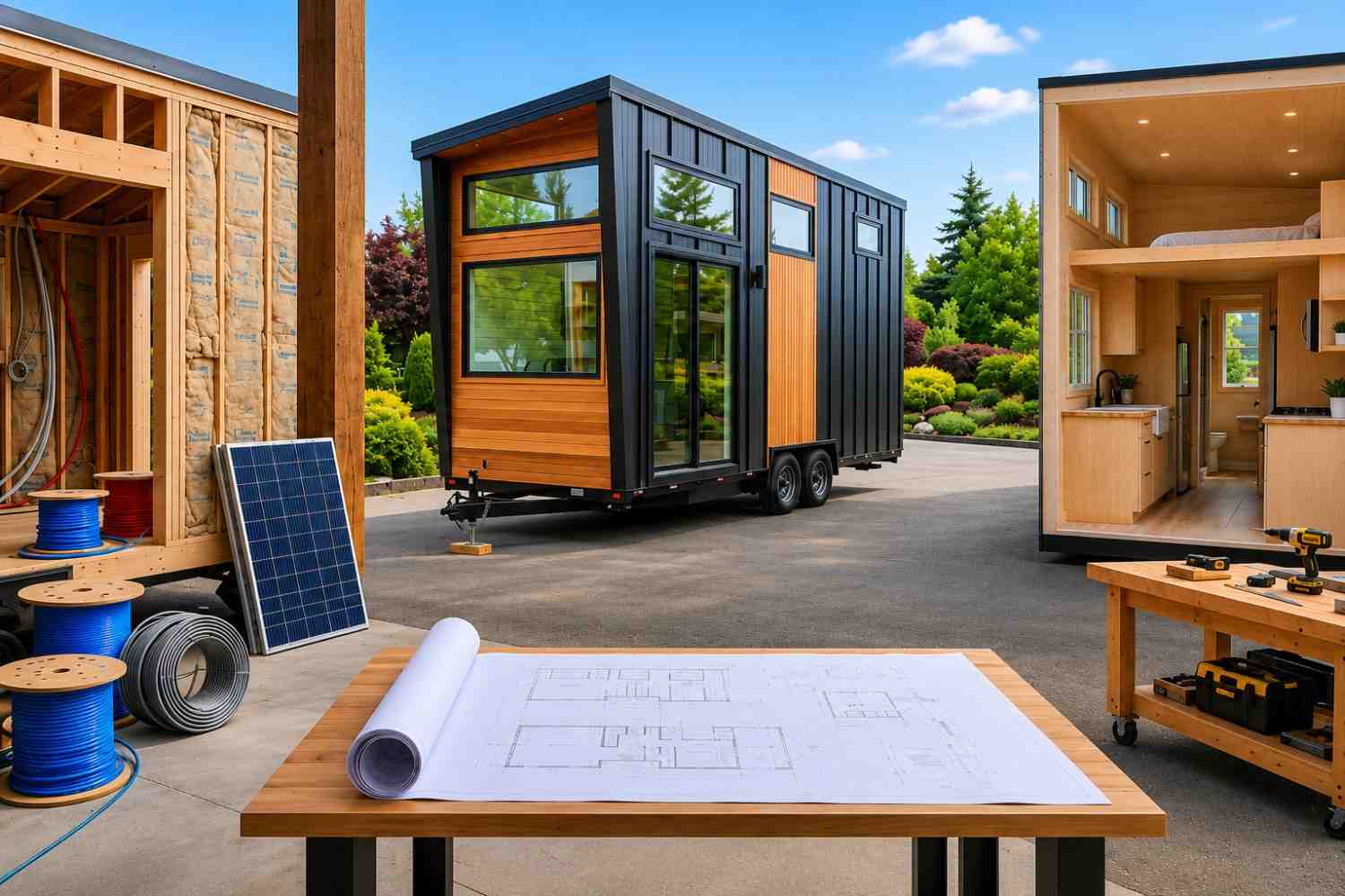 Modern tiny house construction showcasing custom tiny home design, energy-efficient building materials, solar power integration, and luxury compact living. Features a completed tiny house on wheels, interior layout, architectural blueprints, and sustainable construction practices for affordable, eco-friendly housing solutions.