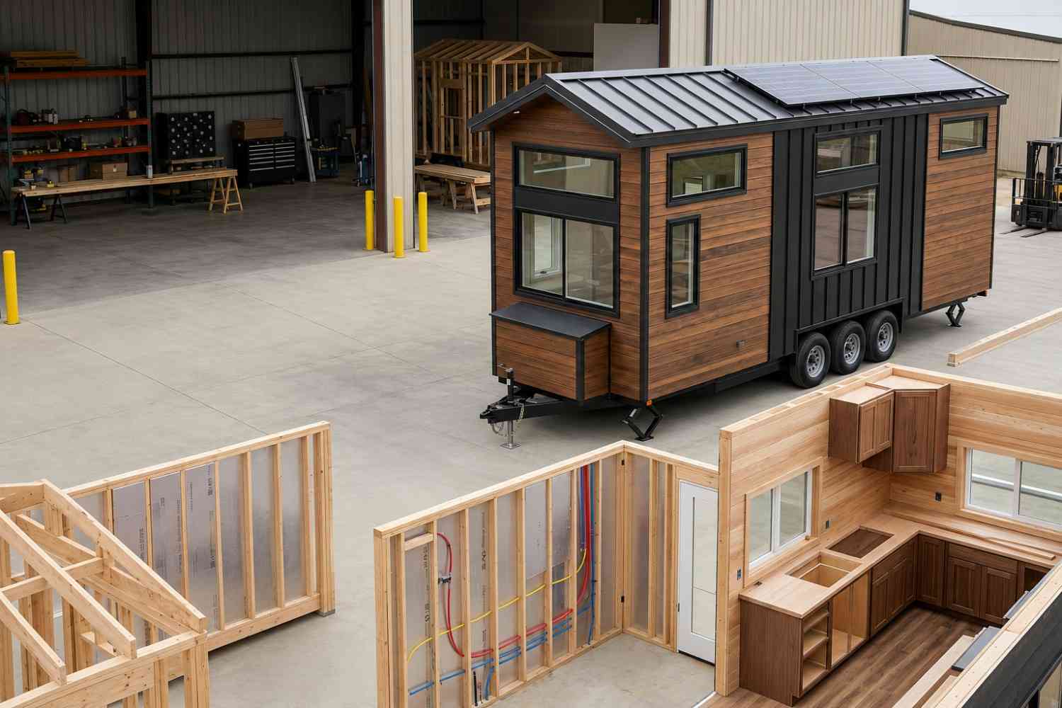 Modern tiny house construction facility featuring a completed solar-powered tiny home alongside framed interior modules and custom cabinetry. Prefab tiny house manufacturing showcases sustainable building practices, energy-efficient design, quality craftsmanship, and turnkey mobile home solutions for affordable living and ADU development.